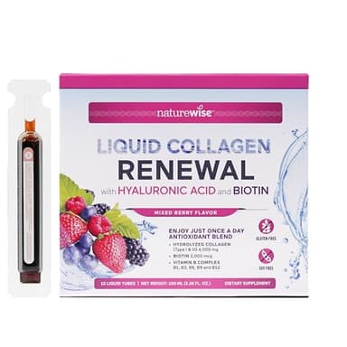 NatureWise Hydrolyzed Liquid Collagen for Women & Men 4000mg - High Absorption, Type 1 & 3 Peptides with Biotin + Vitamin C + Vitamin B Complex & Hyaluronic Acid -Mixed Berry - 10 Tubes[10 Day Supply]