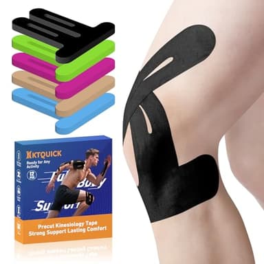PreCut Kinesiology Tape for Knees, 12 PCS Waterproof KTQUICK Knee Tape for Knee Pain Relief Pre Cut, Original Cotton Athletic Knee Tape, Waterproof & Hypoallergenic Latex-Free for Sports (Black)