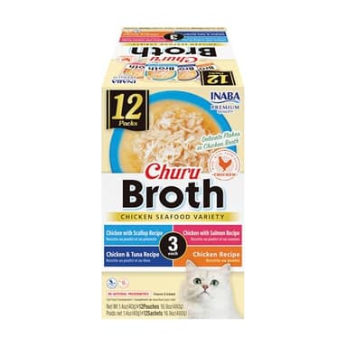 INABA Churu Broth for Cats, Side Dish Pouch, 1.4 Ounces per Pouch, 12 Pouches, Chicken & Seafood Variety