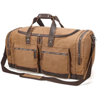 Polare 26” Waxed Canvas Cowhide Leather Waterproof Travel Duffel Bag Trim Luggage Weekender Overnight Carry on Hand Bag (Brown-26")