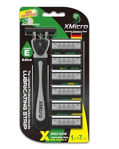 XMicro® Razors for Men, 1 Razor, 7 Blade Refills with German Stainless Steel, Lubricated with Vitamin E, Aloe for Smooth Shave, Shields Against Irritation, Light Weight Version X Men