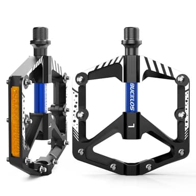 BUCKLOS Mountain Bike Flat Aluminum Pedals Adult, MTB Wide Bicycle Platform Pedal 9/16" with Removable Anti-Skid Nails Sealed Bearings Reflectors for Road Gravel BMX Ebike Bikes