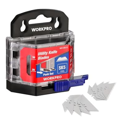 WORKPRO 50-Pack Utility Knife Blades with Dispenser, SK5 Steel Box Cutter, Standard Blades for Utility Knife Replacement