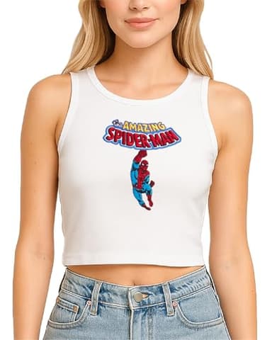 Marvel Spider-Man Womens Graphic Tees - Cropped Baby Tee, Tank Top, and Full Length Crewneck Retro Graphic Shirts for Women, Size Medium, White Spider-man Tank Top