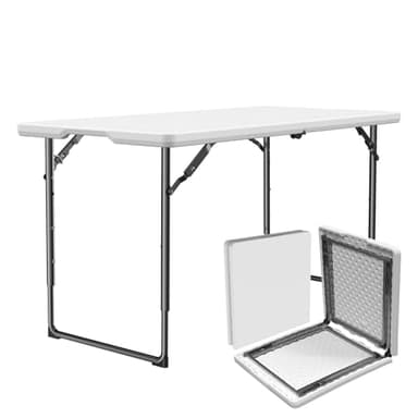 MAKE CHANGES Folding Table 4ft - Heavy Duty Fold-in-Half Plastic Table with Adjustable Height, Portable Utility Tables with Steel Legs for Indoor, Outdoor, Picnic, Camping, Dining, Party (White)