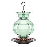 Auslar Hummingbird Feeder, Green Glass Hummingbird Feeder for Outdoors Hanging with Ant Moat, 5 Simulation Flowers Feeding Ports, 23 Ounces, Rustproof, Fade Proof, Pomegranate Shape