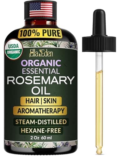 Ella & Eden Organic Rosemary Oil For Hair Growth - 2 Fl Oz, USDA Certified, 100% Pure, Steam-Distilled, USA Made, Hexane-Free - Rosemary Essential Oil for Skin, Aromatherapy - Glass Bottle