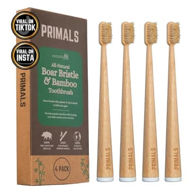 PRIMALS Boar Bristle & Bamboo Toothbrush (4-Pack) - Premium Boar Bristles - Fully Biodegradable - Plastic & Nylon Free - Quick Dry Design