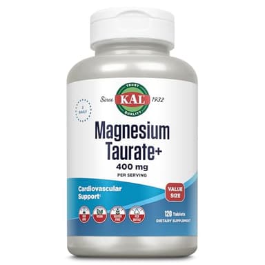 KAL Magnesium Taurate 400mg Plus Vitamin B6, Chelated Magnesium Supplement, High Absorption Magnesium Complex, Muscle and Heart Health Support, Vegan, Gluten Free, 60-Day Guarantee, 60 Serv, 120 Tabs
