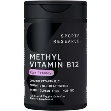 Sports Research® Vitamin B12 as Methylcobalamin 2000mcg - Plant Based B12 w/Coconut MCT Oil for Energy Metabolism Support - Vegan Certified · Non-GMO · Gluten Free - 120 Liquid Caps