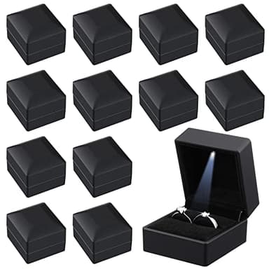 Yinkin 12 Pcs Black Velvet Jewelry Boxes LED Light Display Ring Necklace Bracelet Chain Gift Box Bulk Wedding Proposal Anniversary(Ring Box,Square)