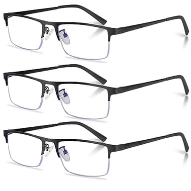 Anourney 3-Pack Reading Glasses for Men, Lightweight Metal Half Frame Blue Light Blocking Computer Readers, Filter UV Ray/Computer Glare with Spring Hinge Eyeglasses(3PCS Black,+3.0)