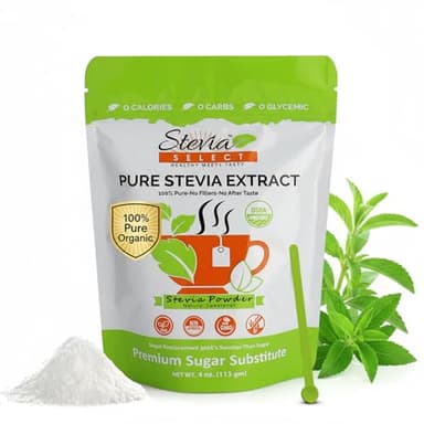 Stevia Select Organic Stevia Powder - Sugar Free Plant Based Stevia Sweetener Non GMO Pure Stevia Extract - Sugar Substitute No Additives Zero Calorie 4 Oz