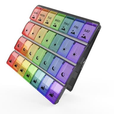 Fullicon Weekly Pill Organizer 4 Times a Day, Large Capacity Pill Case with Easy Fill, Medicine Organizer for Vitamin, Supplement & Pill, Great Gifts for Seniors (Black Rainbow) - Patent Pending