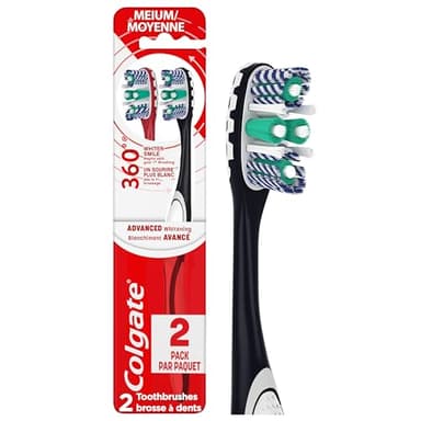 Colgate 360 Optic White Advanced Whitening Toothbrush, Adult Medium Toothbrush with Whitening Cups, Helps Whiten Teeth and Removes Odor Causing Bacteria, 2 Pack