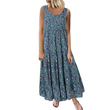 Ceboyel Women 2023 Floral Boho Maxi Dress Long Beach Sun Dresses Tiered Sleeveless Tank Dress Summer Casual Resort Wear Ladies Dresses Blue 4X