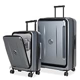 PC Luggage Sets 2 Piece, Carry On Luggage with Front Compartment & USB Port and 28 Inch Checked Luggage with Top Opening, Expandable Suitcase with Spinner Wheels & Built-in TSA Lock, Gray (20/28)