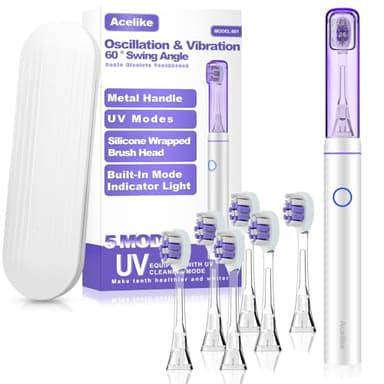 Metal Electric Toothbrush with UV Mode, Vibration and Oscillation Electric Toothbrush for Adults, 6 Brush Heads & Travel Case & Dust Cover, 5 Modes & Built in Timer, One Charge Last 120 Day（Sliver）