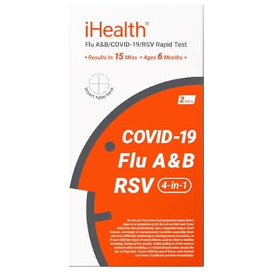iHealth Flu A/B, COVID-19 & RSV 4-in-1 Antigen Rapid Test, Results in 15 Minutes, FDA Authorized OTC Home Test, Non-Invasive Nasal Swab, Easy to Use & No Discomfort (1 Pack, 2 Tests Total)