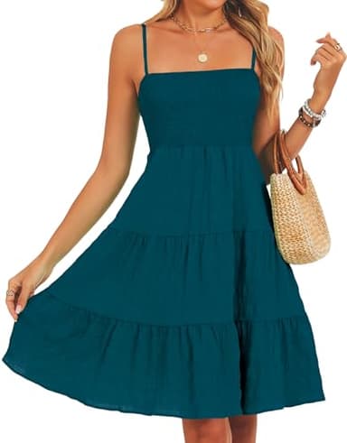 Sun Dresses for Women 2026 Vacation Teal Ladies Spaghetti Strap Fit and Flare Smocked Petite Casual Summer Solid Color Sexy Club Cami Beach Dress Above The Knee M