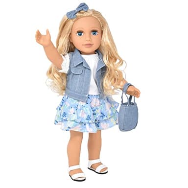 Gift Boutique 18 Inch Girl Doll, Fashion Doll with Fine Blond Long Hair, Blue Eyes, Floral Outfit, Denim Jacket, Sandals, Boots, Hair Bow, Handbag