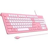 Computer Keyboard Wired, Plug Play USB Keyboard, Low Profile Chiclet Keys, Large Number Pad, Caps Indicators, Foldable Stands, Spill-Resistant, Anti-Wear Letters for PC Laptop (Rose Pink, 1-Pack)