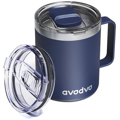 avodvo 12oz Insulated Coffee Mug with Lid – Includes Two Lids, Stainless Steel Coffee Travel Mug with Handle, Double Wall Vacuum Insulated Camping Mug for Home, Office & Outdoor, Navy Blue
