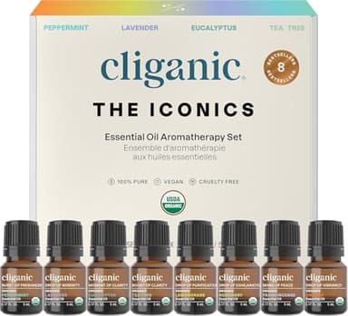 Cliganic Organic Aromatherapy Essential Oils Gift Set (Top 8 - The Iconics), 100% Pure - Peppermint, Lavender, Eucalyptus, Tea Tree, Lemongrass, Rosemary, Frankincense & Orange