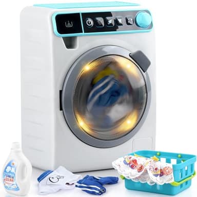 Kids Toy Washing Machine, Realistic Pretend Play Appliance for Girls, Interactive Toy Dollhouse Furniture, Play Washer and Dryer Playset with Spinning Drum, Light & Sound Effects, Laundry Basket Set