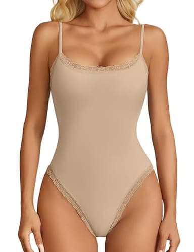 Avidlove Square Neck Bodysuit Sexy Square Neck Body Suits Thong Lace Trim Nude Sleeveless One Piece