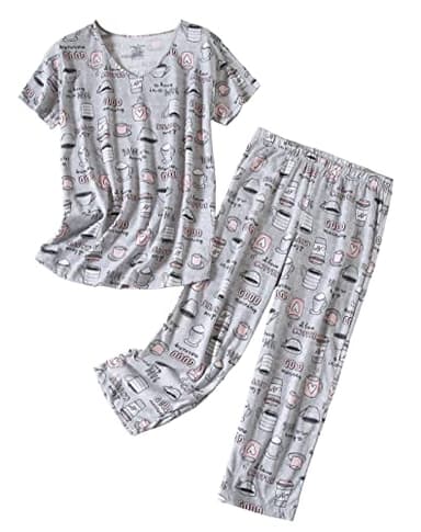 Inadays Womens Cotton Pajama Sets Short Sleeve Top With Capri Pants 2 piece sets for Women Summer Pajamas Lounge Set Gray Coffee,L