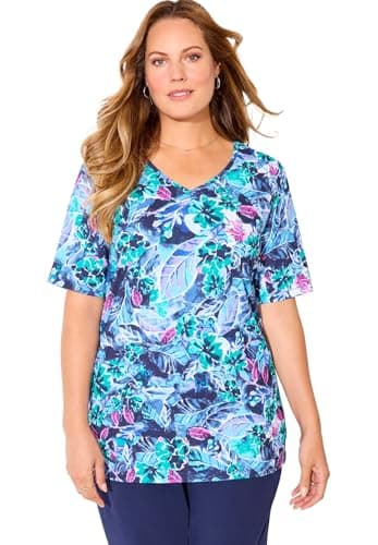 Catherines Women's Plus Size Suprema Short Sleeve V-Neck Tee - 3X, Blue Watercolor Floral
