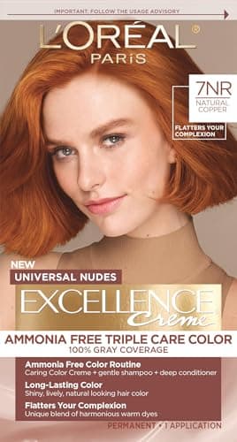 L’Oreal Paris Excellence Universal Nudes Permanent Hair Color, Ammonia Free Hair Dye for Gray Hair Coverage, 7NR Natural Copper, 1 Hair Dye Kit