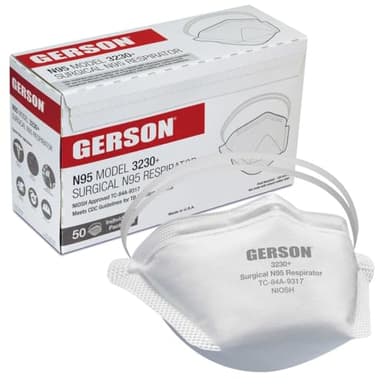 GERSON FDA Cleared Sugical N95 Pouch Respirator (3230+), NIOSH-Approved, Made in U.S.A., One-Size, 50 Respirators/Box, White