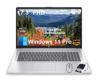 HP 17.3" Business Laptop Computer - with Office Lifetime License & External CD/DVD Drive, 17.3 inch FHD Display, Win 11 Pro, AMD 6-core Ryzen 5 7430U, 16GB RAM, 512GB SSD, Webcam, Wi-Fi 6