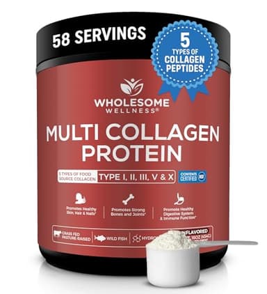 Wholesome Wellness Multi Collagen Protein Powder Hydrolyzed (Type I II III V X) Grass-Fed All-in-One Super Bone Broth + Peptides - Premium Blend of Beef, Chicken, Wild Fish, Eggshell, 58 Servings
