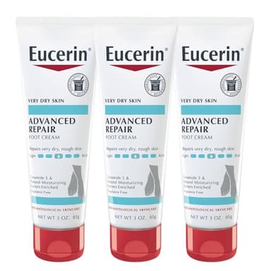 Eucerin Advanced Repair Foot Cream for Dry Feet and Heels, Repairs Very Dry, Rough Skin, Fragrance Free, Non Greasy, Fast Absorbing, Travel Size Lotion, 3 Oz Tube, Pack of 3