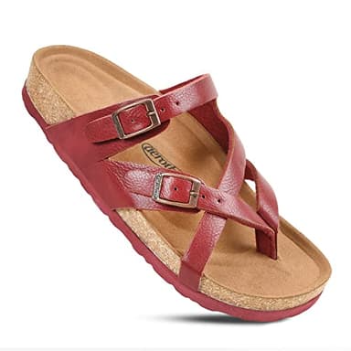 AEROTHOTIC Recovery Slides for Women Comfortable Memory Foam Cork Footbed Cute Faux Leather Adjustable Buckle Straps Walking Travel Outdoor women sandals (Celestis Wine Red, size 6)