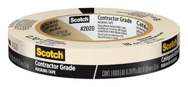 Scotch Contractor Grade Masking Tape, 0.7 in. x 60.1 Yds, 1 Roll, 3-Day Interior Clean Removal, Removes Easily Without Leaving Sticky Residue, Interior & Exterior Use (2020-18AP)
