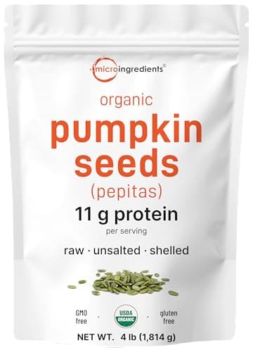 Organic Pumpkin Seeds, 4lbs | Raw, Unsalted, & Shelled – Whole Pepitas | Pumpkin Seeds to Eat | Great for Baking, Smoothies, & Salad Toppings | Natural Source of Essential Fatty Acids, Protein, & Iron