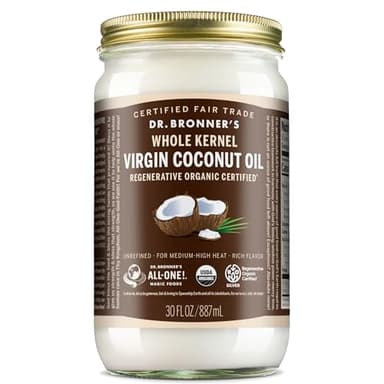 Dr. Bronner's - Organic Virgin Coconut Oil (Whole Kernel, 30 Ounce) - Coconut Oil for Cooking, Baking, Hair and Body, Unrefined and Fresh-Pressed, Rich and Nutty Flavor, Fair Trade, Vegan, Non-GMO