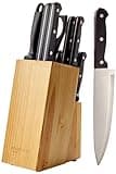 Amazon Basics 14-Piece High Carbon Stainless Steel Kitchen Knife Set with Sharpener and Pinewood Block, Black