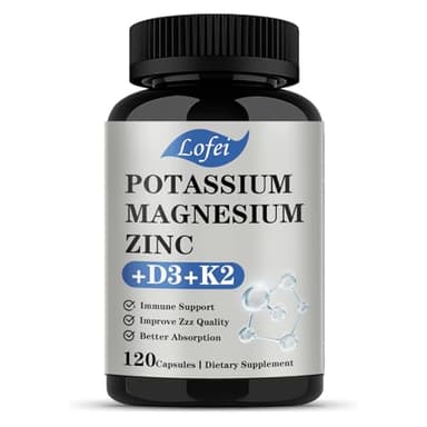 Potassium Magnesium Supplement,Magnesium Potassium Zinc Supplement with Vitamin D3& K2,Support Immune for Women & Men,Enhanced Absorption,Non-GMO (120 Veg Capsules)
