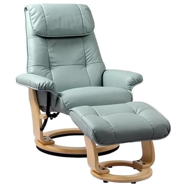 Pemberly Row Stressless Recliner with Ottoman in Blue Leather, Recliner with Ottoman Set for Contemporary Living Room