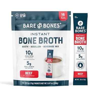 Bare Bones Beef Bone Broth Instant Powdered Mix Packets | 5g Collagen | 10g Protein | Keto & Paleo Friendly | No Artificial Flavors | Rich Savory on-the-go 16 Pack