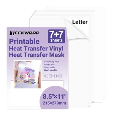 TECKWRAP Printable Heat Transfer Vinyl & Mask Sheets for T-Shirts (Each 7 Sheets), 8.5" X 11" Inkjet Printable HTV Vinyl Iron on Transfer Paper for Light & Dark Fabric