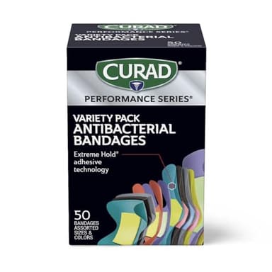 CURAD Performance Series IRONMAN Antibacterial Bandages, Extreme Hold Adhesive Technology, Finger & Knuckle Bandages, Flexible Fabric, Variety Pack with Assorted Sizes & Colors, 50 Count, Case of 24