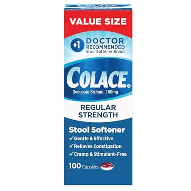 Colace Stool Softener 100 mg, 100 Capsules, Constipation Relief, Docusate Sodium, Gentle Docusate, Stimulant-Free, Regular Strength, #1 Doctor Recommended Stool Softener Brand