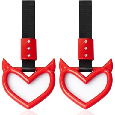 2 PCS JDM Car Accessories, Heart Handle Strap Drift Charm, Hang Ring Decorations Exterior Keychain for Car (Red, Devil Style)
