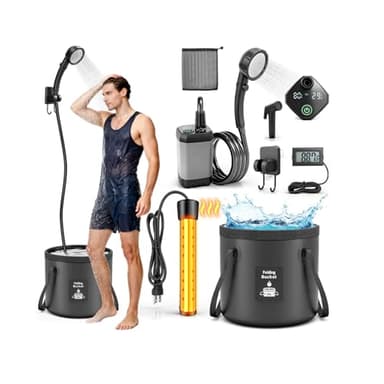 Portable Shower with Heater 1500W Camping Water Heater with Shower Head 3 Spray Modes, 6000mAh Rechargeable Shower Pump with LED Display Foldable Bucket Outdoor Showering for Hiking RV Car Travel Pet
